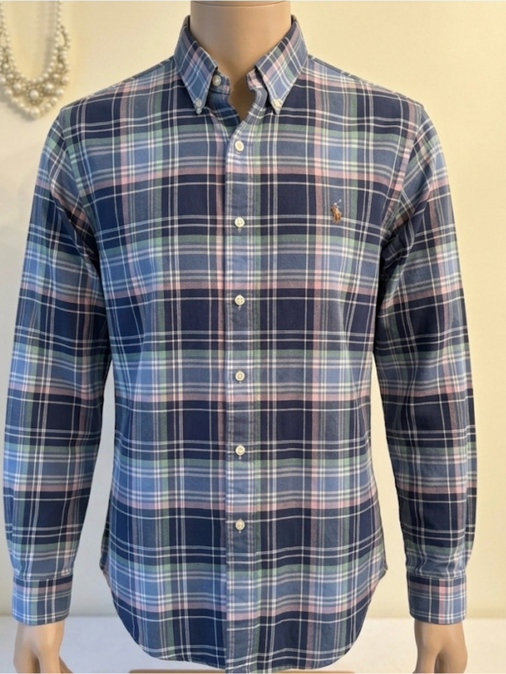 Ralph Lauren Navy & Pink Plaid Button-Down Shirt Old Money Preppy country club